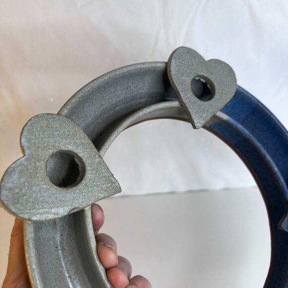 Handcrafted Pottery Ring w/ Four Heart Taper Candle Holders Two Tone Blue Decor - Picture 3 of 7
